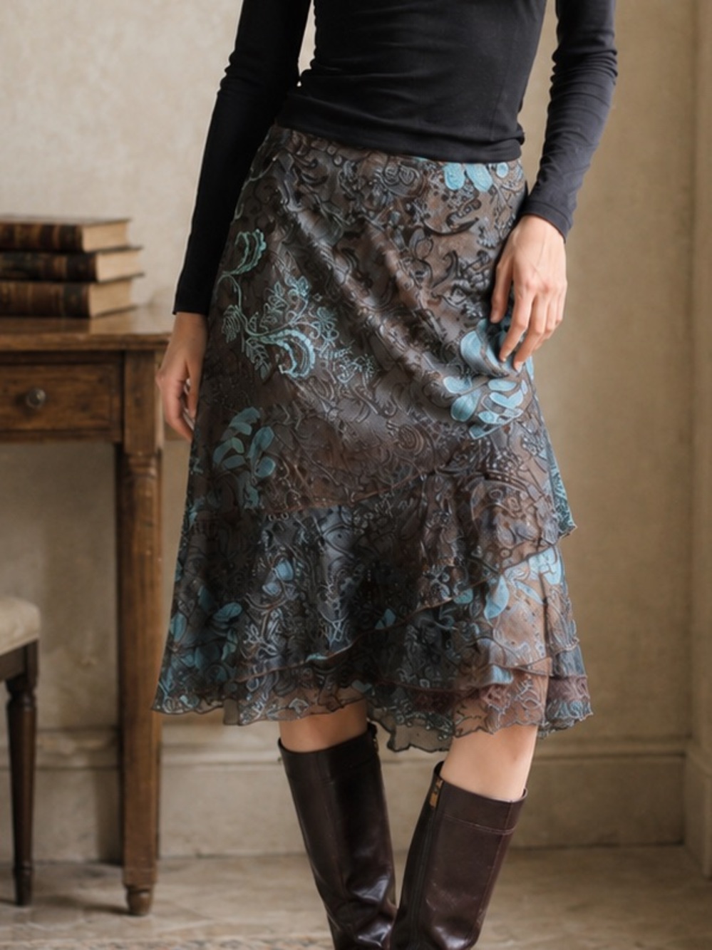 Floral Chiffon Ruffle Skirt Brown Teal S8 - Picture 2 of 15